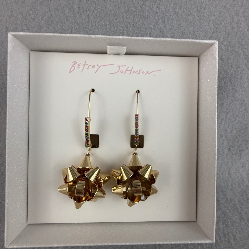 Betsey Johnson Drop Earrings Holiday Bow Gold Tone Rainbow Crystal Holiday Party - Picture 2 of 8